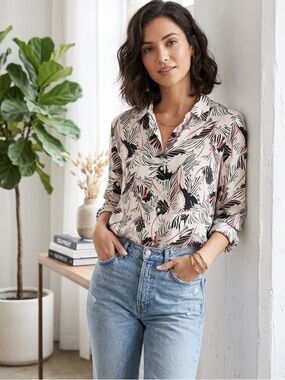 Equipment Ivory Blouse with Black and Blush Botanical Print